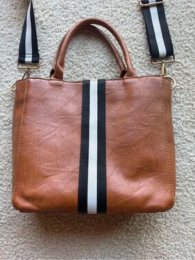 Social Threads The Motherchic tan Faux Leather Tote with Black and White Stripe
